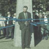 Nichael Ringroad MP chained to an obelisk in a protest against female pilots in 1994